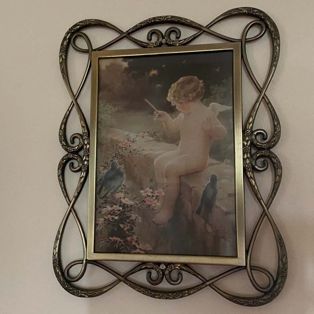 Cherub With Birds on a Ledge Framed Wall Artwork